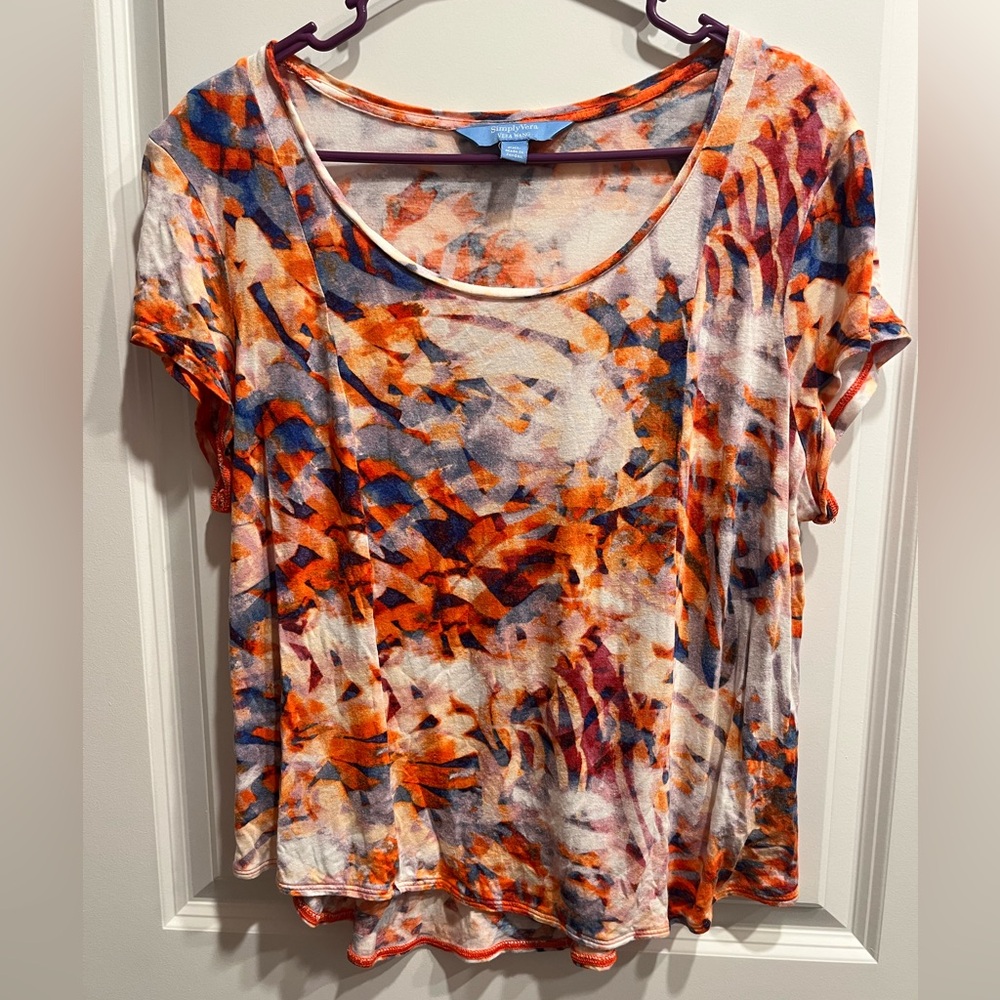 Simply Vera Vera wang Orange Print Tee Top Women’s Size XL Petite